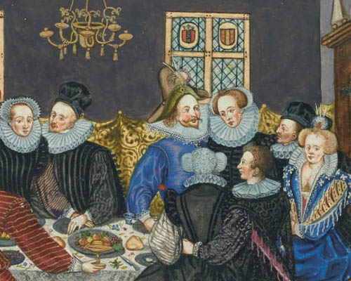 Based on Dirck Barendsz' painting "Sinful Mankind Surprised by the Day of Judgment", this painting depicts a house party with Elisabeth Buyck